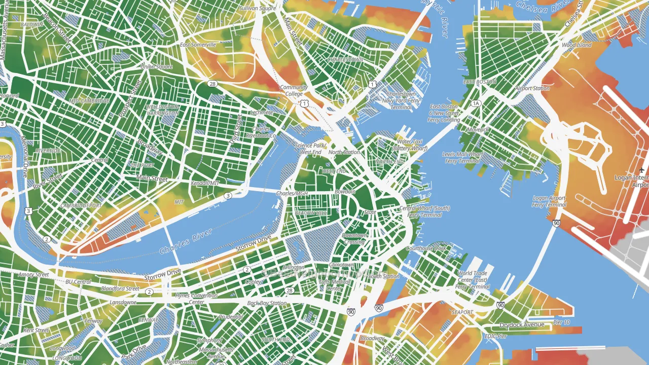 Walk Grade map of 02114, MA, walkable areas in green and car-dependent areas in red