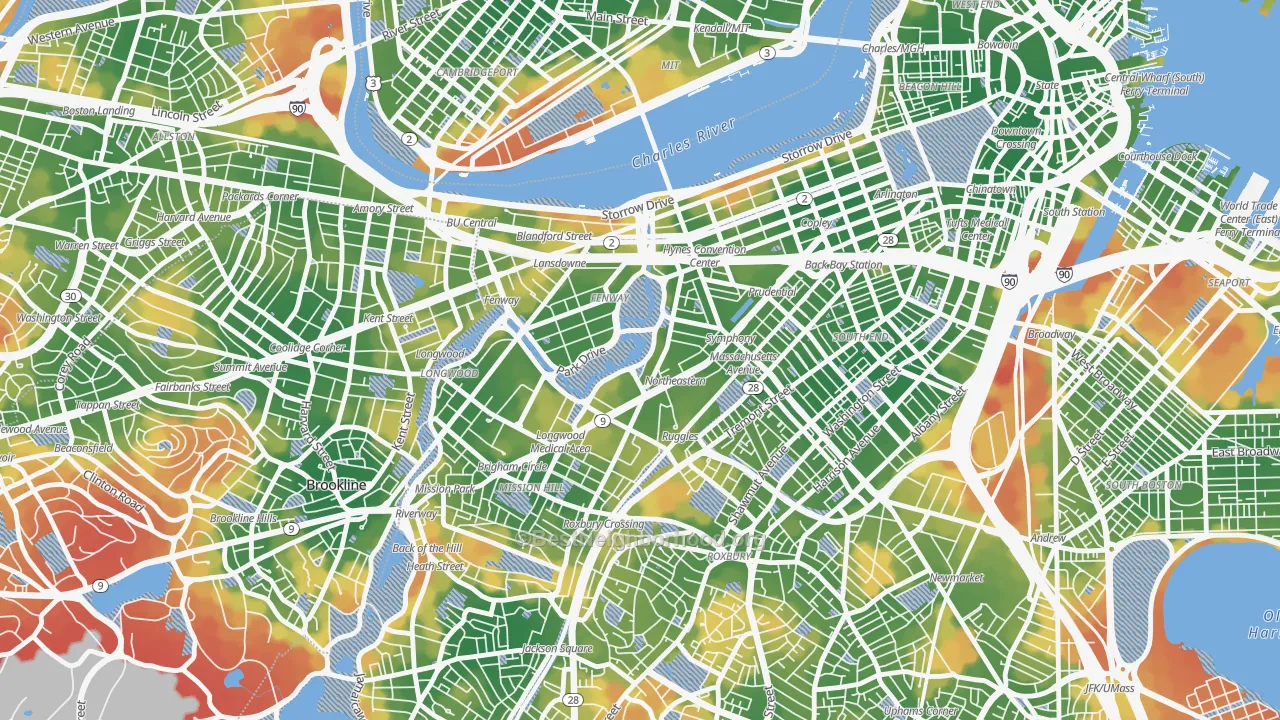 Walk Grade map of 02115, MA, walkable areas in green and car-dependent areas in red