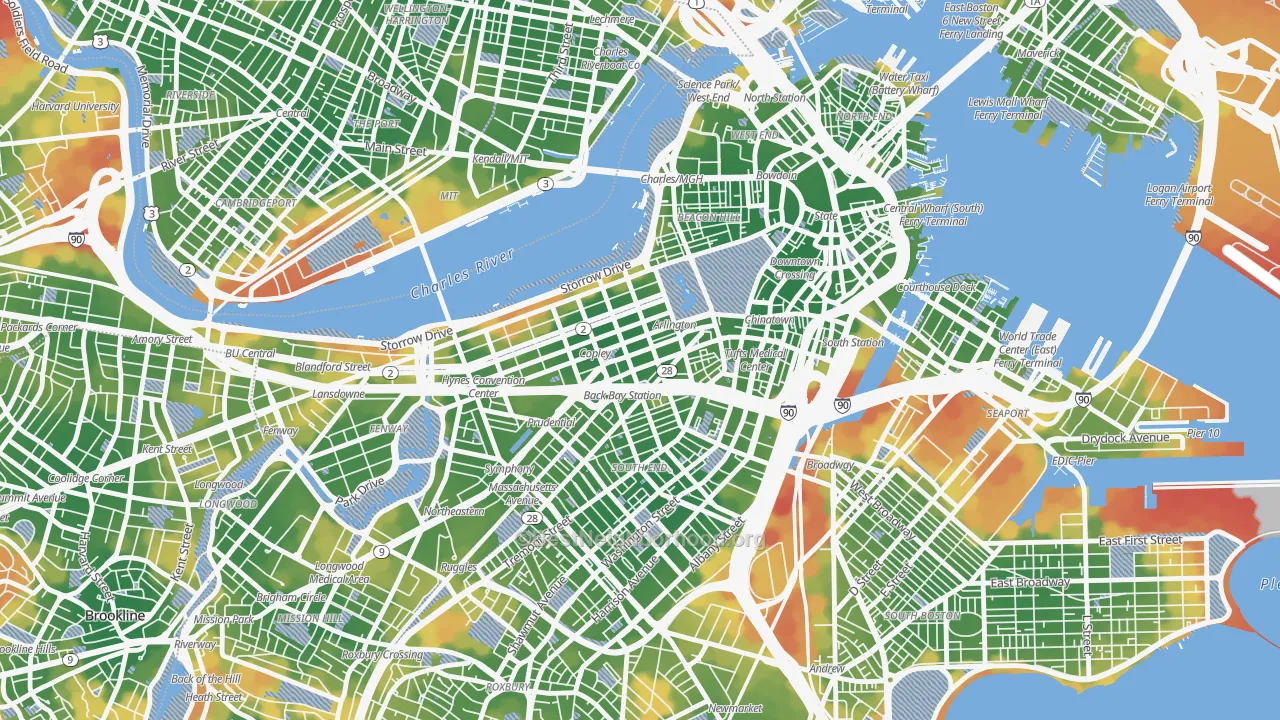 Walk Grade map of 02116, MA, walkable areas in green and car-dependent areas in red