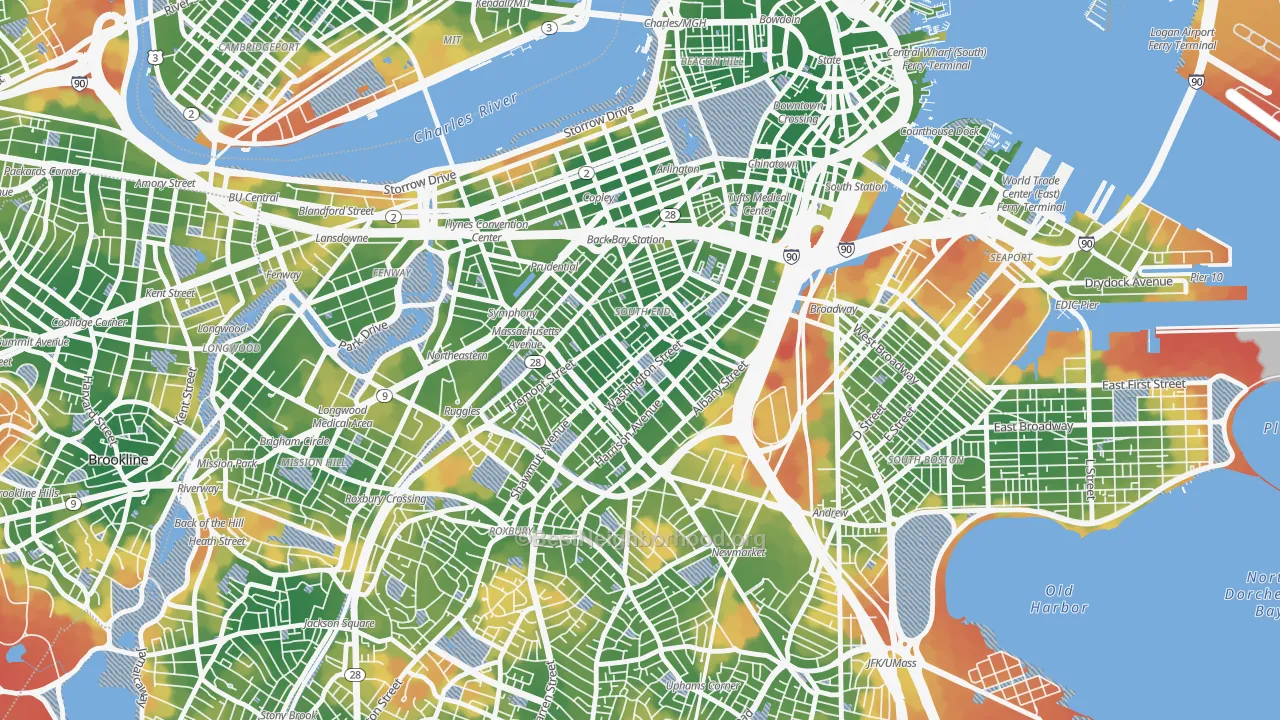 Walk Grade map of 02118, MA, walkable areas in green and car-dependent areas in red