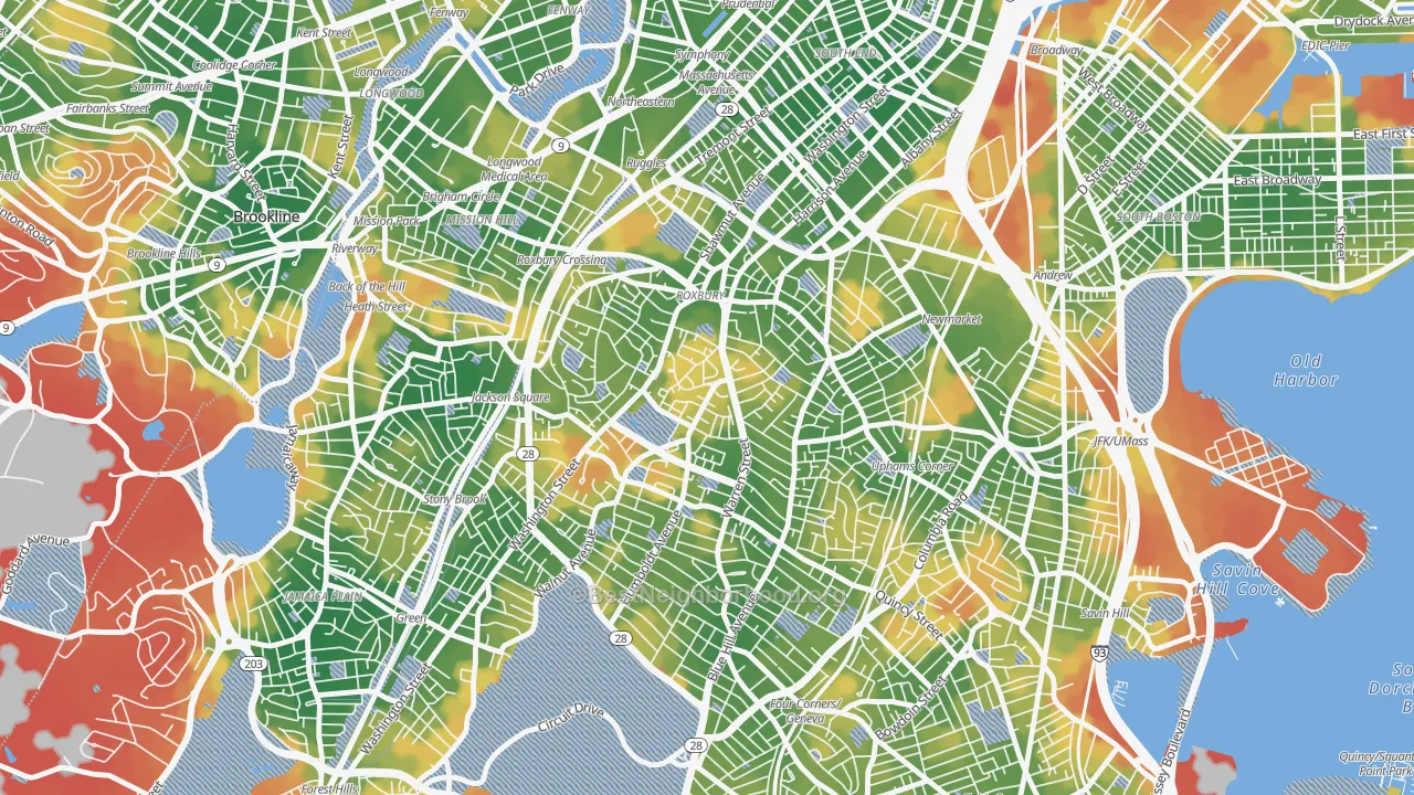 Walk Grade map of 02119, MA, walkable areas in green and car-dependent areas in red