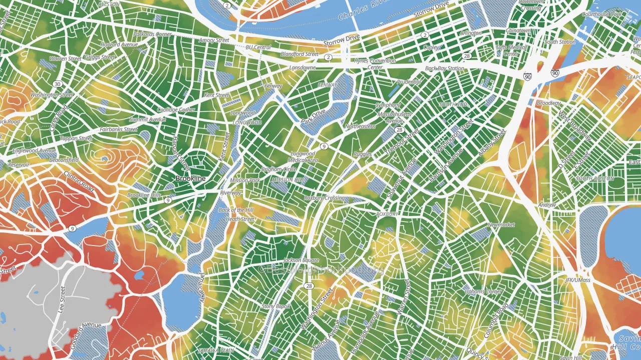 Walk Grade map of 02120, MA, walkable areas in green and car-dependent areas in red