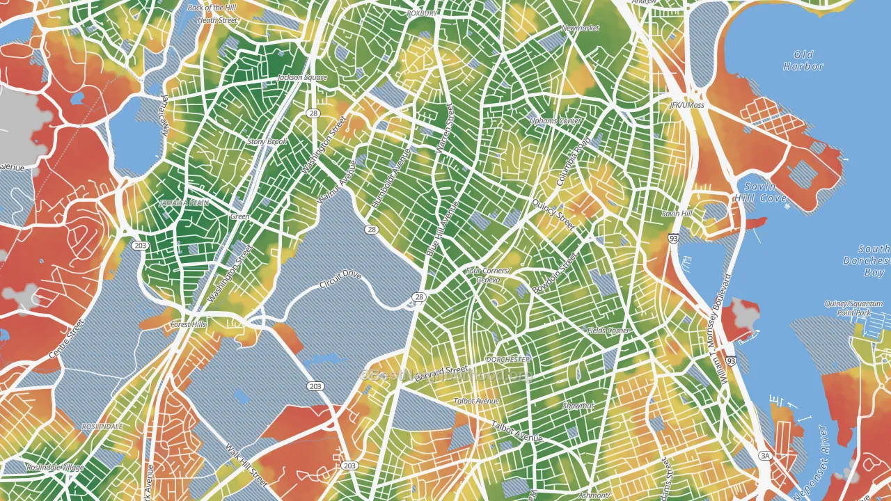 Walk Grade map of 02121, MA, walkable areas in green and car-dependent areas in red