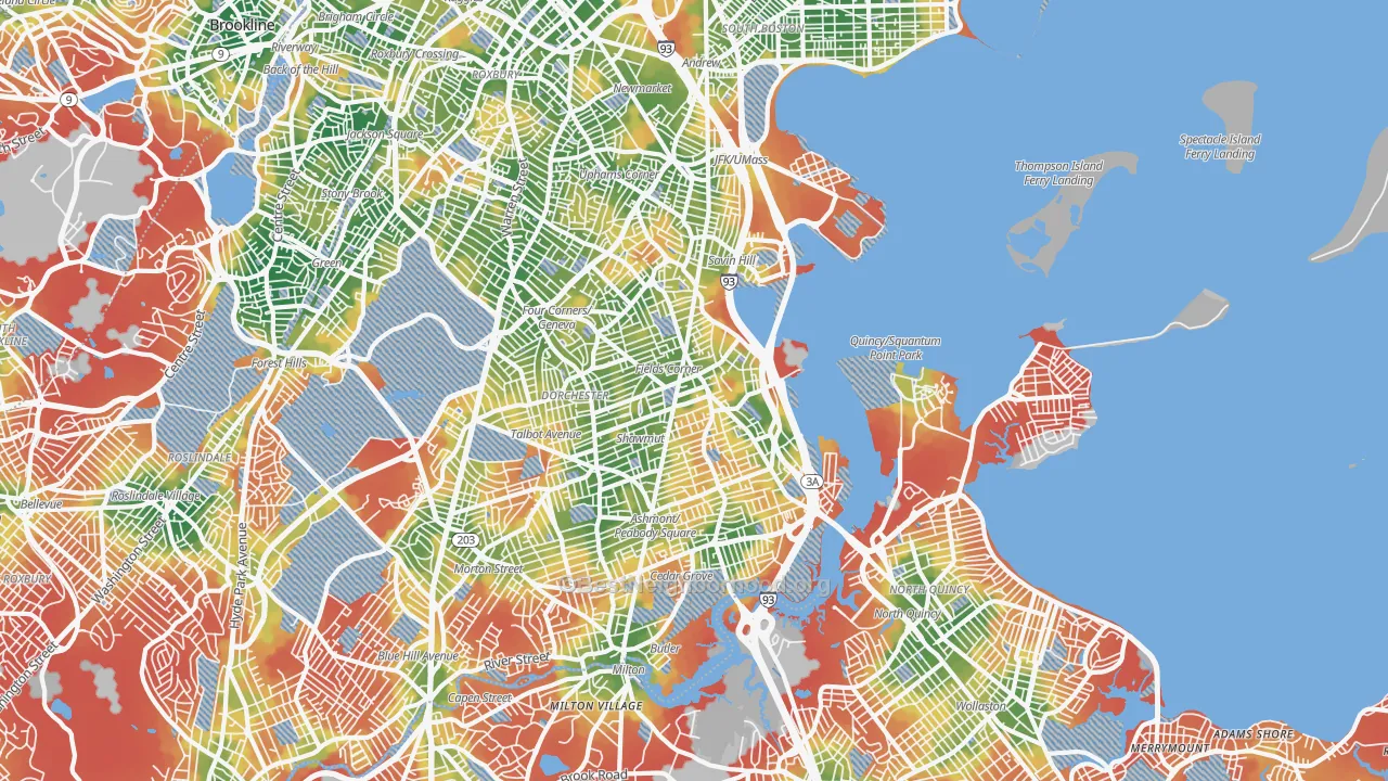 Walk Grade map of 02122, MA, walkable areas in green and car-dependent areas in red