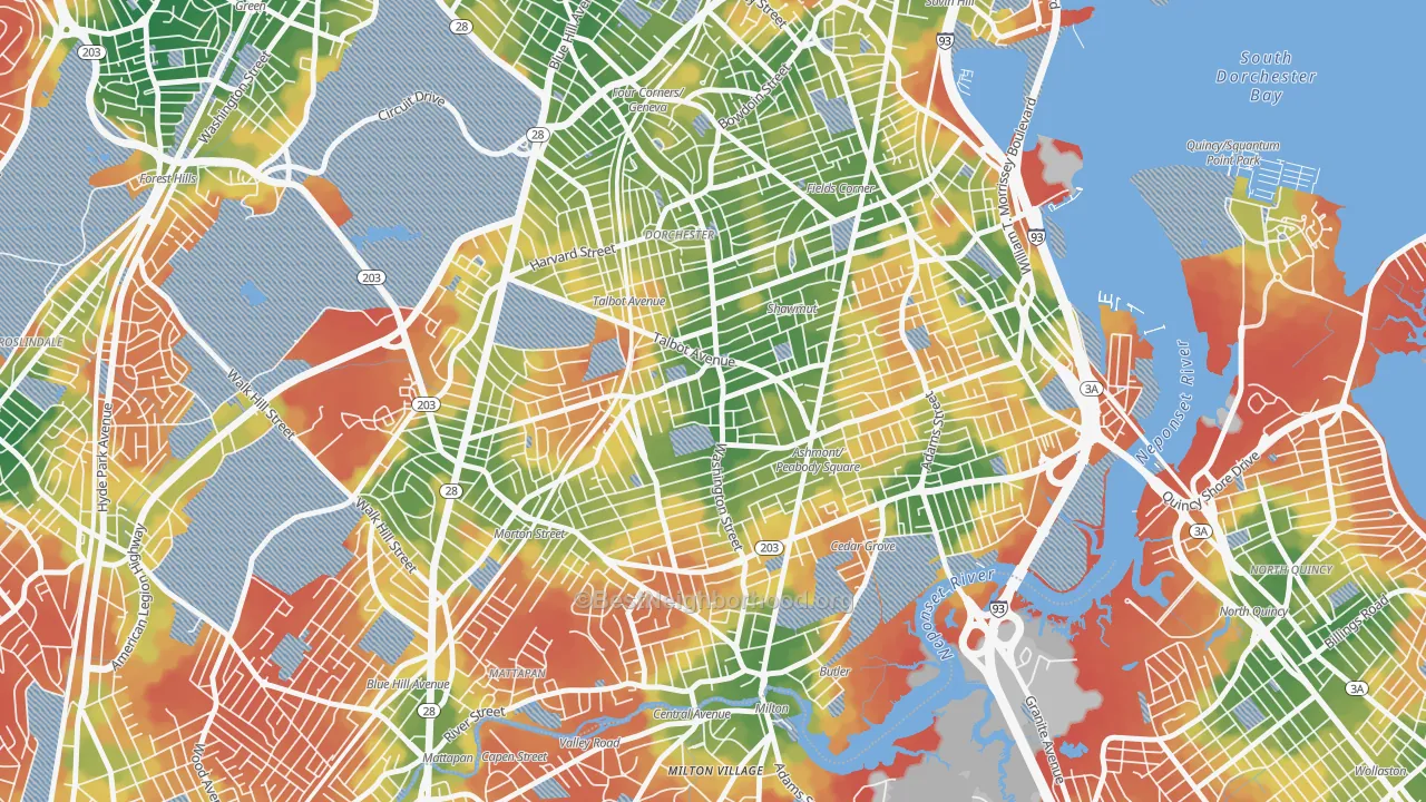 Walk Grade map of 02124, MA, walkable areas in green and car-dependent areas in red