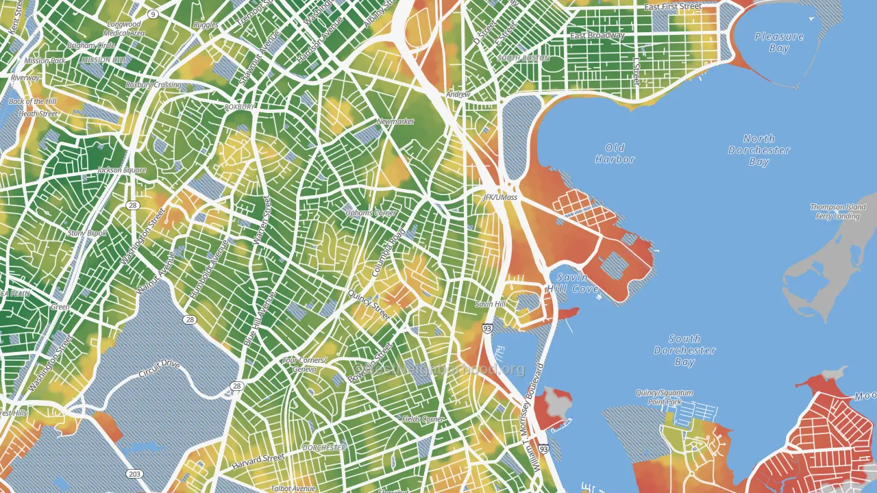 Walk Grade map of 02125, MA, walkable areas in green and car-dependent areas in red
