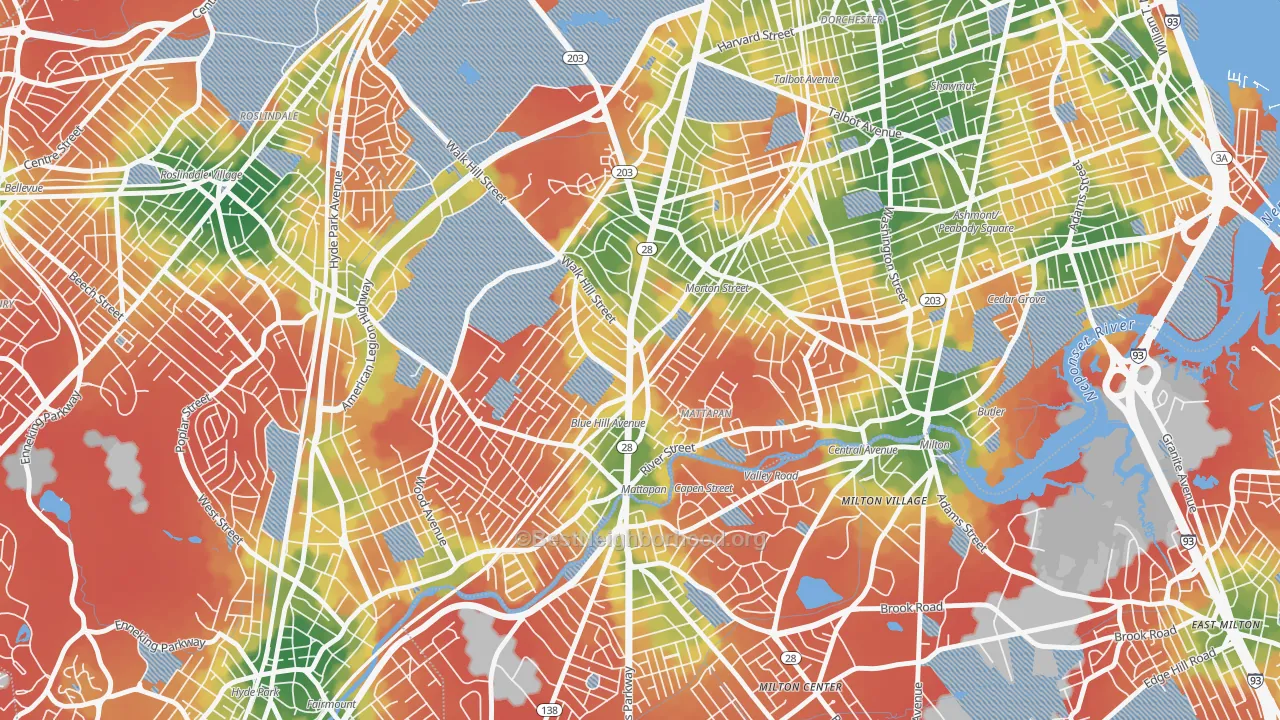 Walk Grade map of 02126, MA, walkable areas in green and car-dependent areas in red