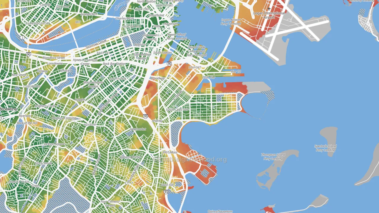 Walk Grade map of 02127, MA, walkable areas in green and car-dependent areas in red