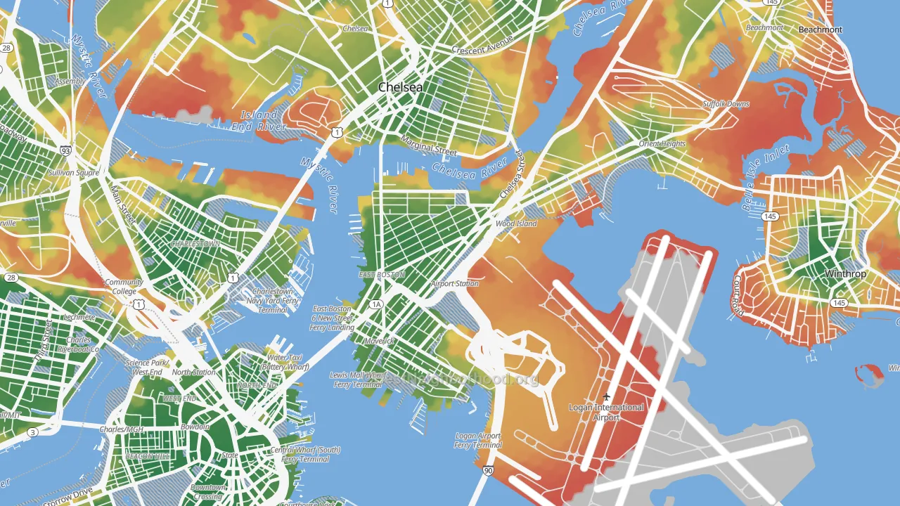 Walk Grade map of 02128, MA, walkable areas in green and car-dependent areas in red