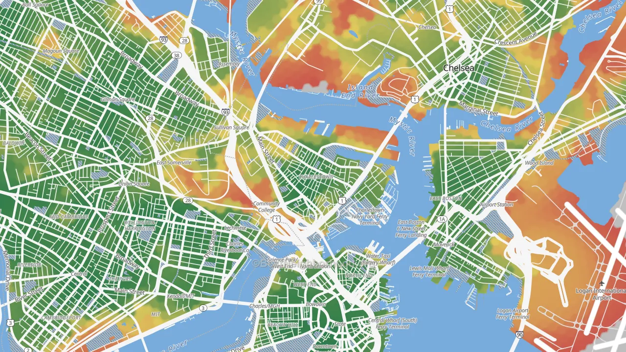 Walk Grade map of 02129, MA, walkable areas in green and car-dependent areas in red