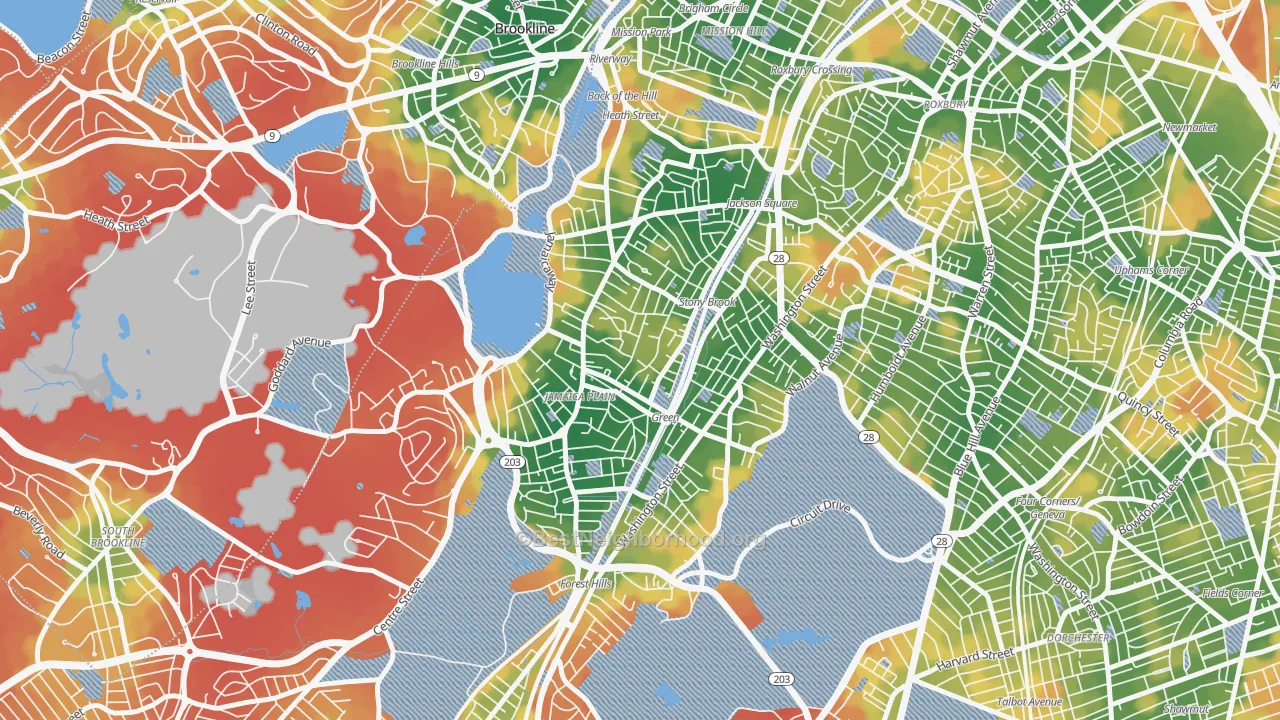 Walk Grade map of 02130, MA, walkable areas in green and car-dependent areas in red