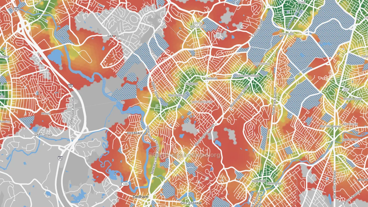 Walk Grade map of 02132, MA, walkable areas in green and car-dependent areas in red