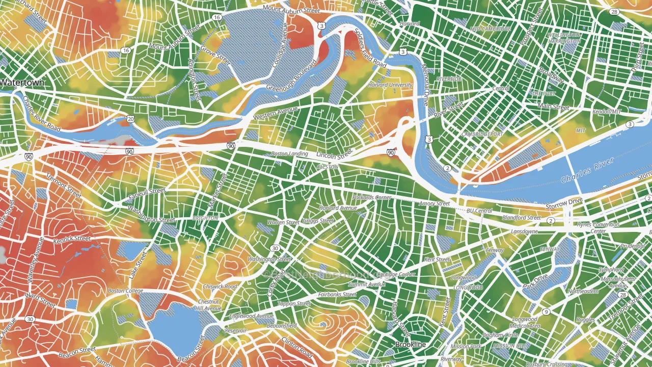 Walk Grade map of 02134, MA, walkable areas in green and car-dependent areas in red