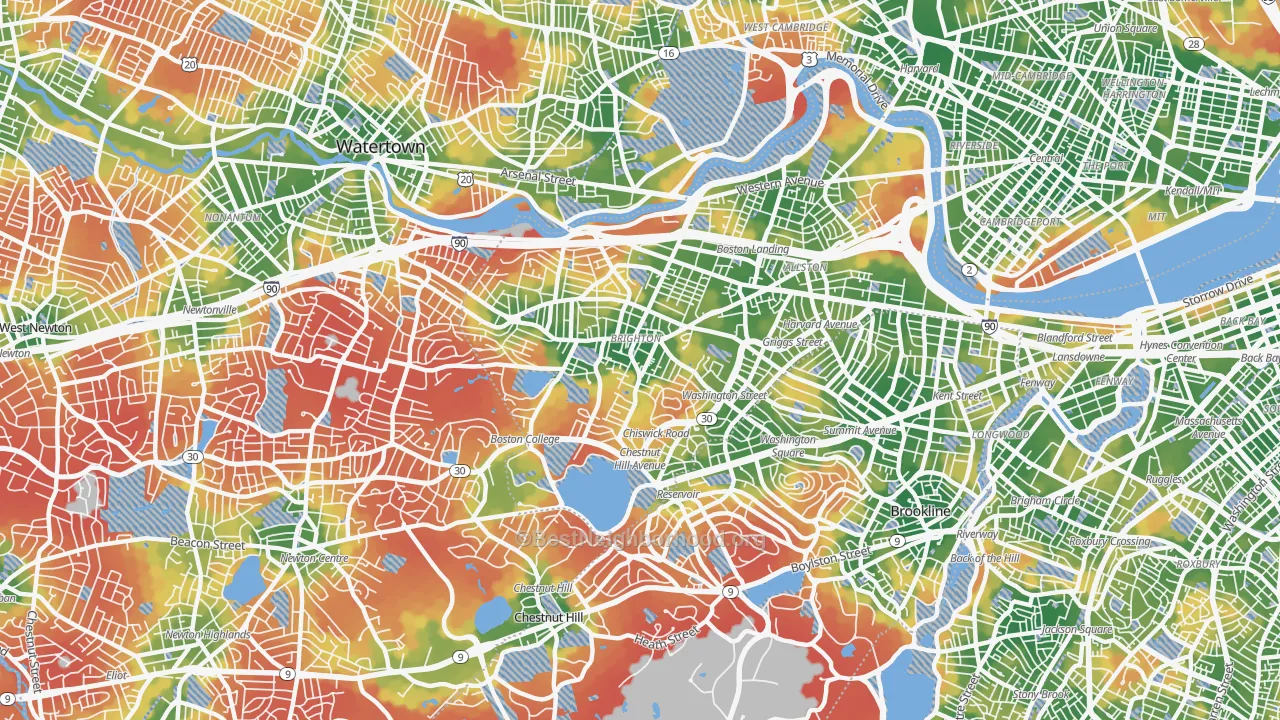 Walk Grade map of 02135, MA, walkable areas in green and car-dependent areas in red