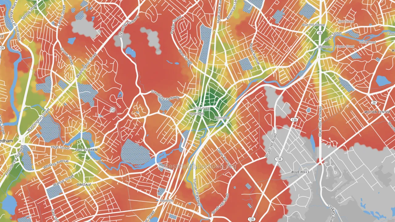 Walk Grade map of 02136, MA, walkable areas in green and car-dependent areas in red