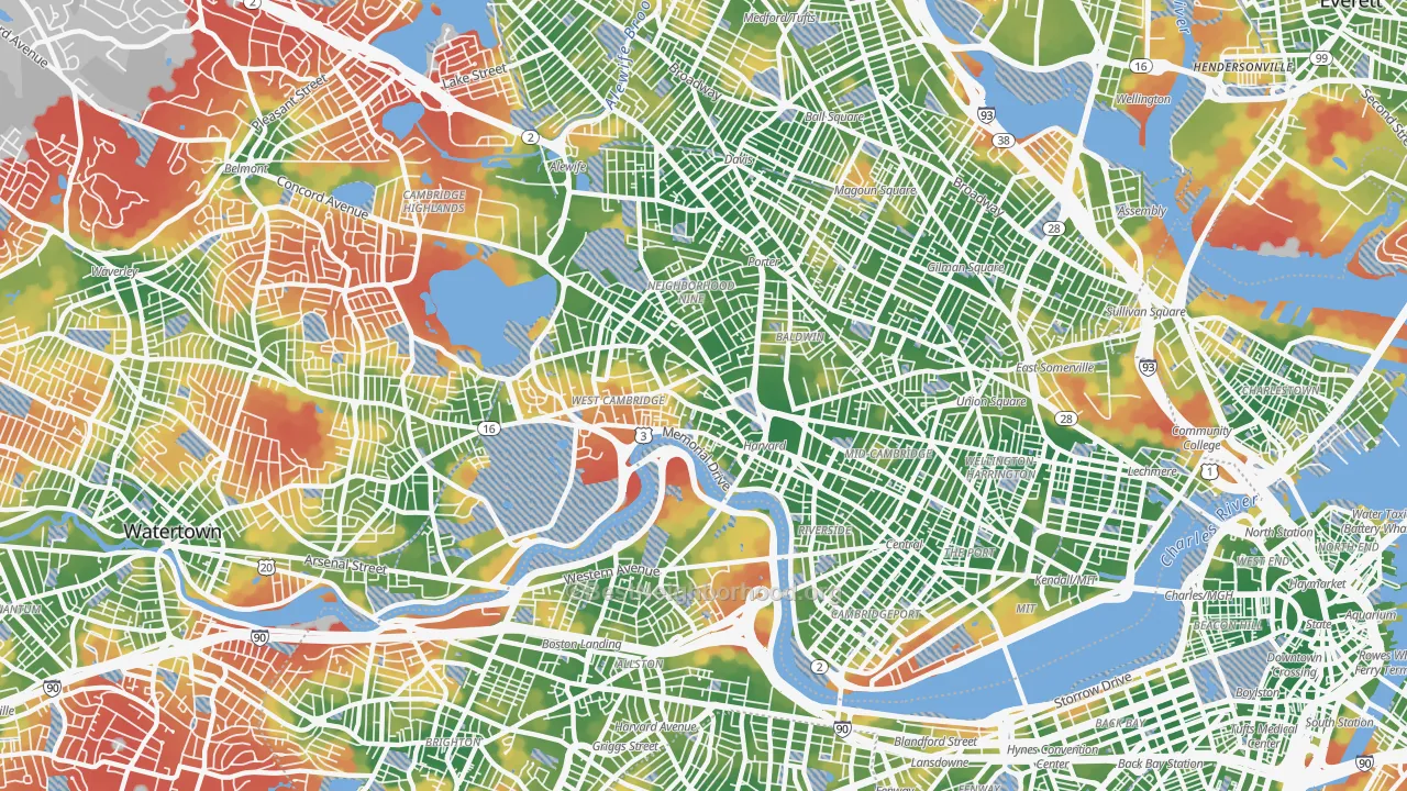 Walk Grade map of 02138, MA, walkable areas in green and car-dependent areas in red