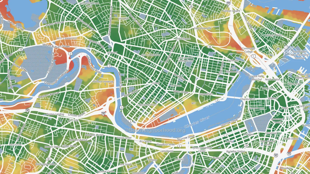 Walk Grade map of 02139, MA, walkable areas in green and car-dependent areas in red