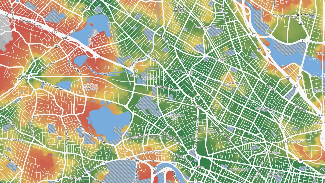 Walk Grade map of 02140, MA, walkable areas in green and car-dependent areas in red