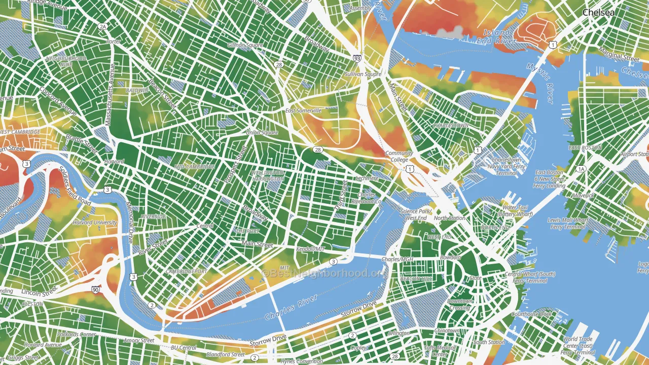 Walk Grade map of 02141, MA, walkable areas in green and car-dependent areas in red
