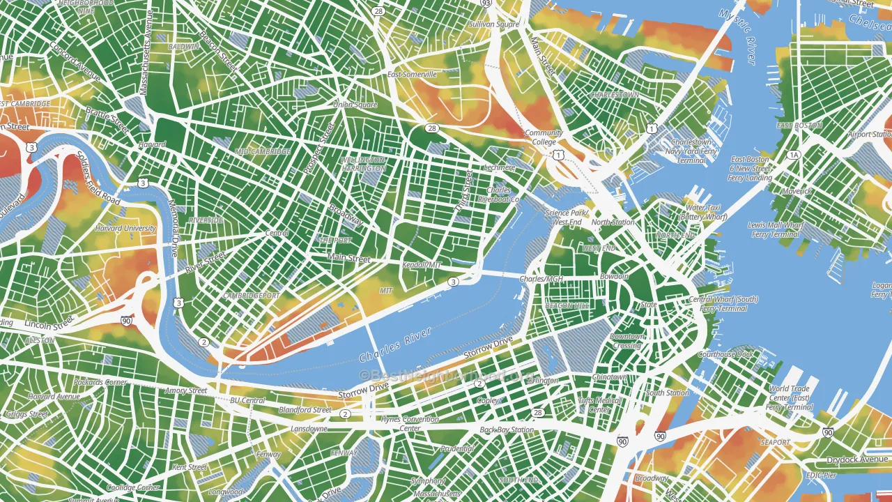 Walk Grade map of 02142, MA, walkable areas in green and car-dependent areas in red