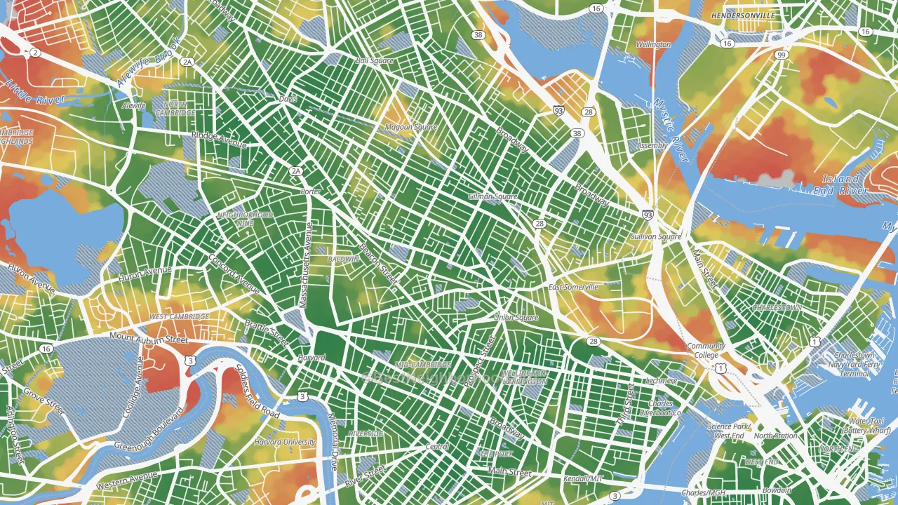 Walk Grade map of 02143, MA, walkable areas in green and car-dependent areas in red