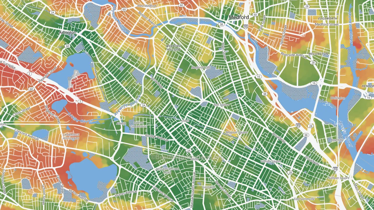 Walk Grade map of 02144, MA, walkable areas in green and car-dependent areas in red