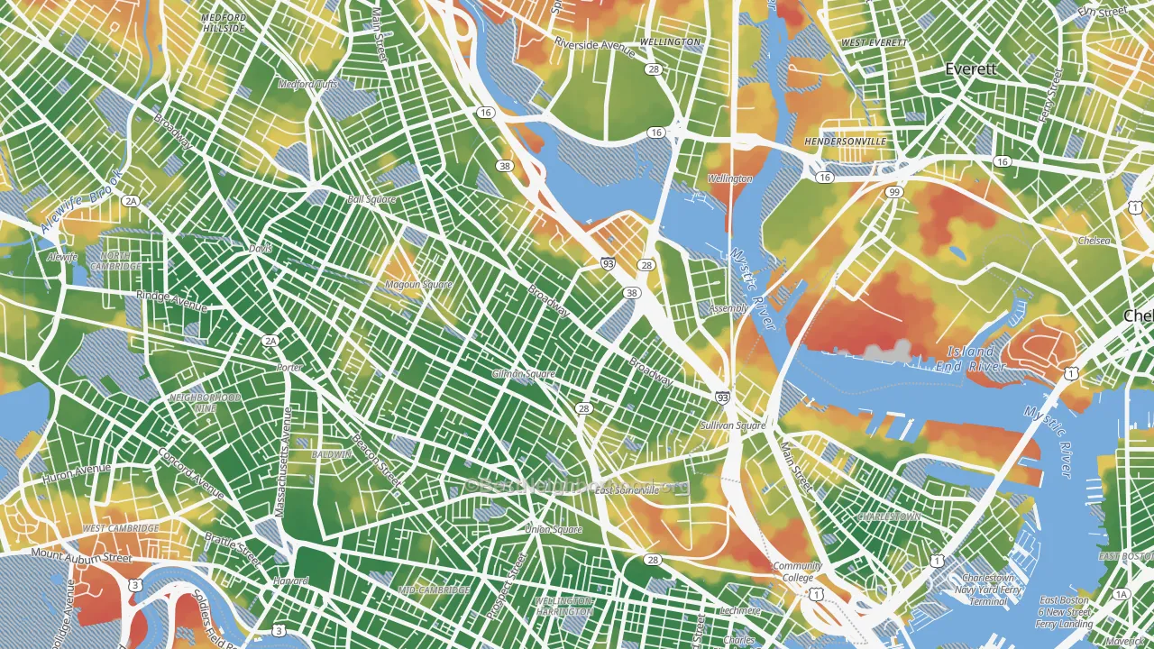 Walk Grade map of 02145, MA, walkable areas in green and car-dependent areas in red