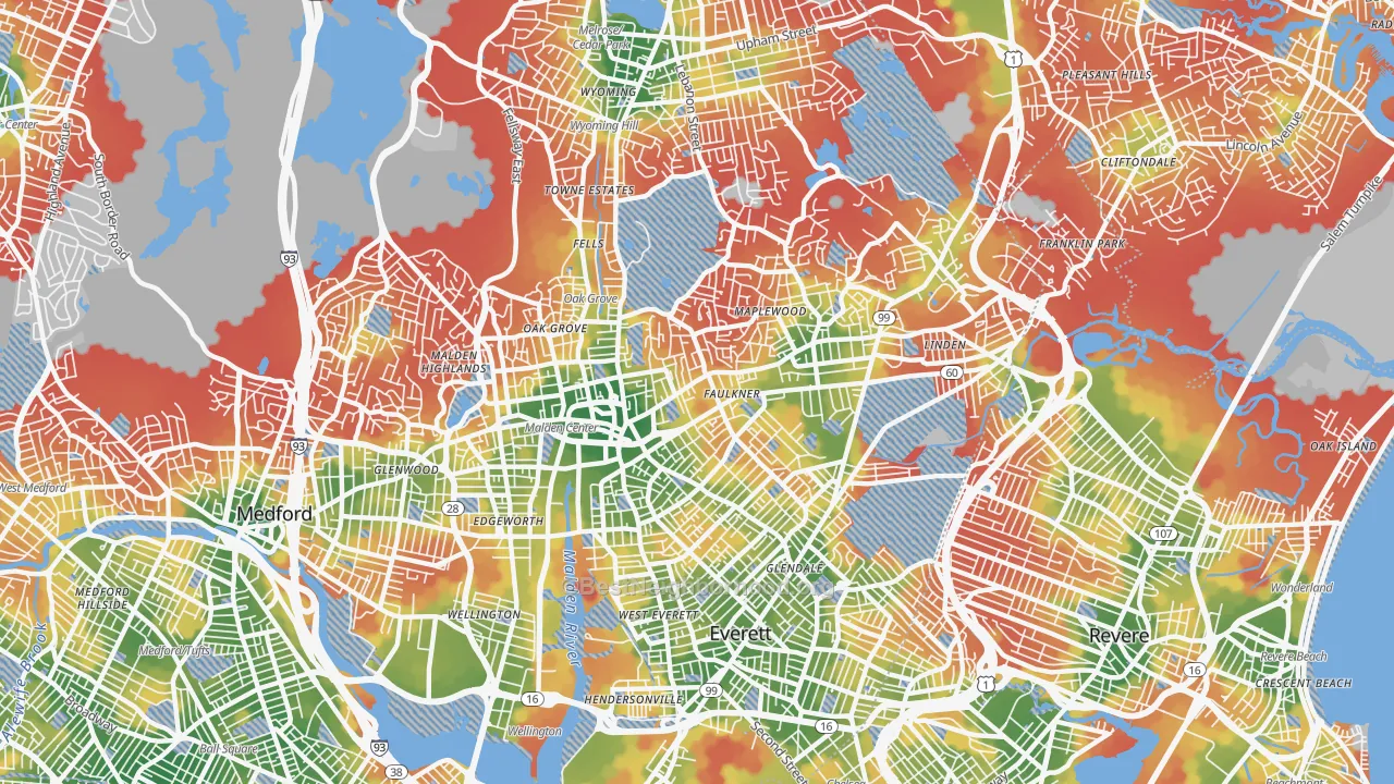 Walk Grade map of 02148, MA, walkable areas in green and car-dependent areas in red
