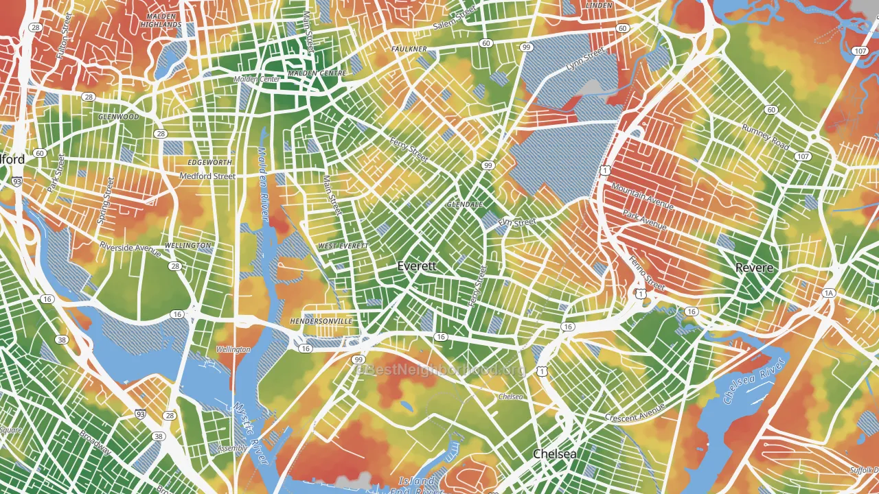 Walk Grade map of 02149, MA, walkable areas in green and car-dependent areas in red