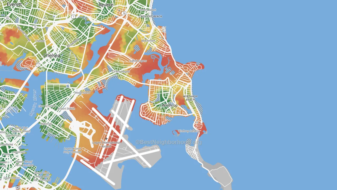 Walk Grade map of 02152, MA, walkable areas in green and car-dependent areas in red