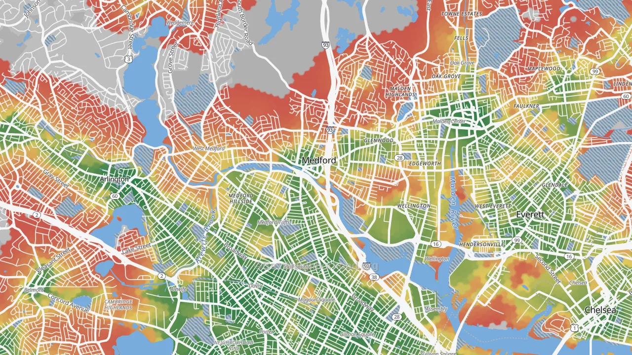 Walk Grade map of 02155, MA, walkable areas in green and car-dependent areas in red