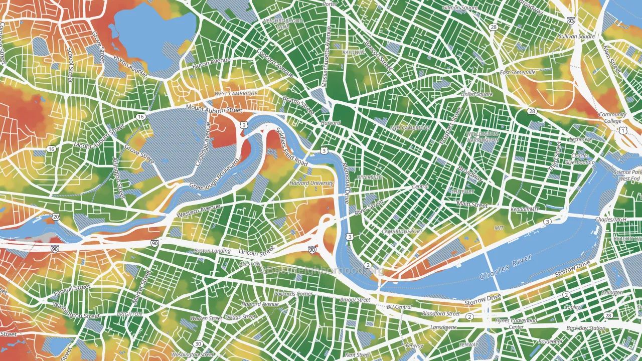 Walk Grade map of 02163, MA, walkable areas in green and car-dependent areas in red