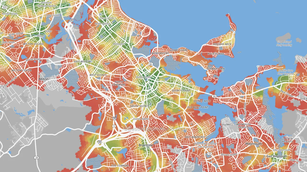 Walk Grade map of 02169, MA, walkable areas in green and car-dependent areas in red