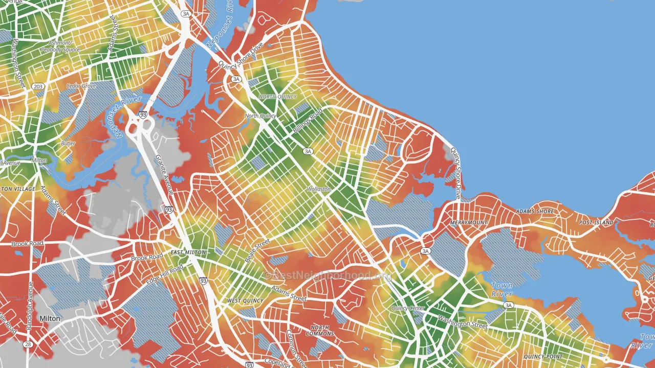 Walk Grade map of 02170, MA, walkable areas in green and car-dependent areas in red
