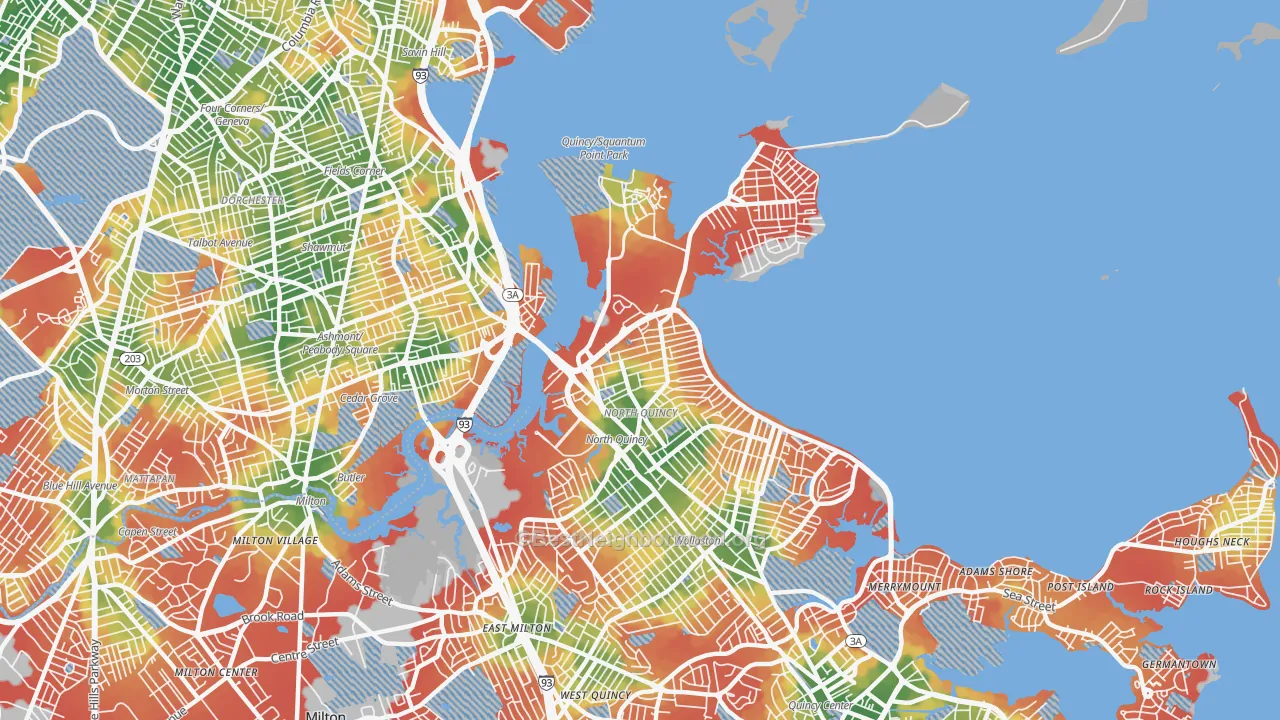 Walk Grade map of 02171, MA, walkable areas in green and car-dependent areas in red