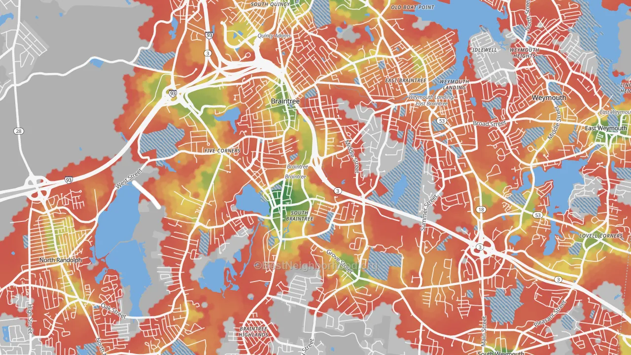 Walk Grade map of 02184, MA, walkable areas in green and car-dependent areas in red