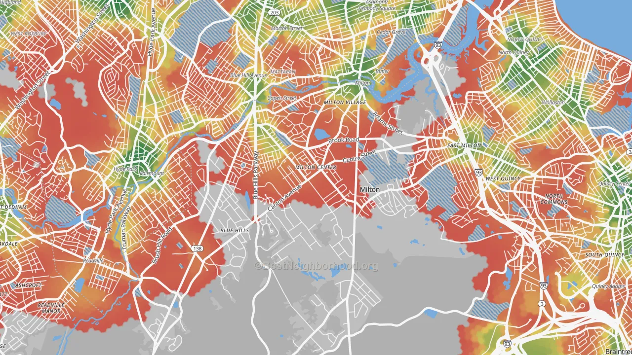 Walk Grade map of 02186, MA, walkable areas in green and car-dependent areas in red