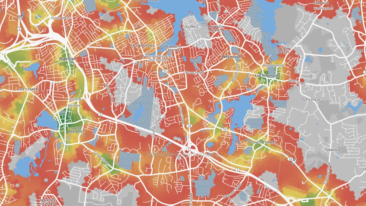 Walk Grade map of 02188, MA, walkable areas in green and car-dependent areas in red
