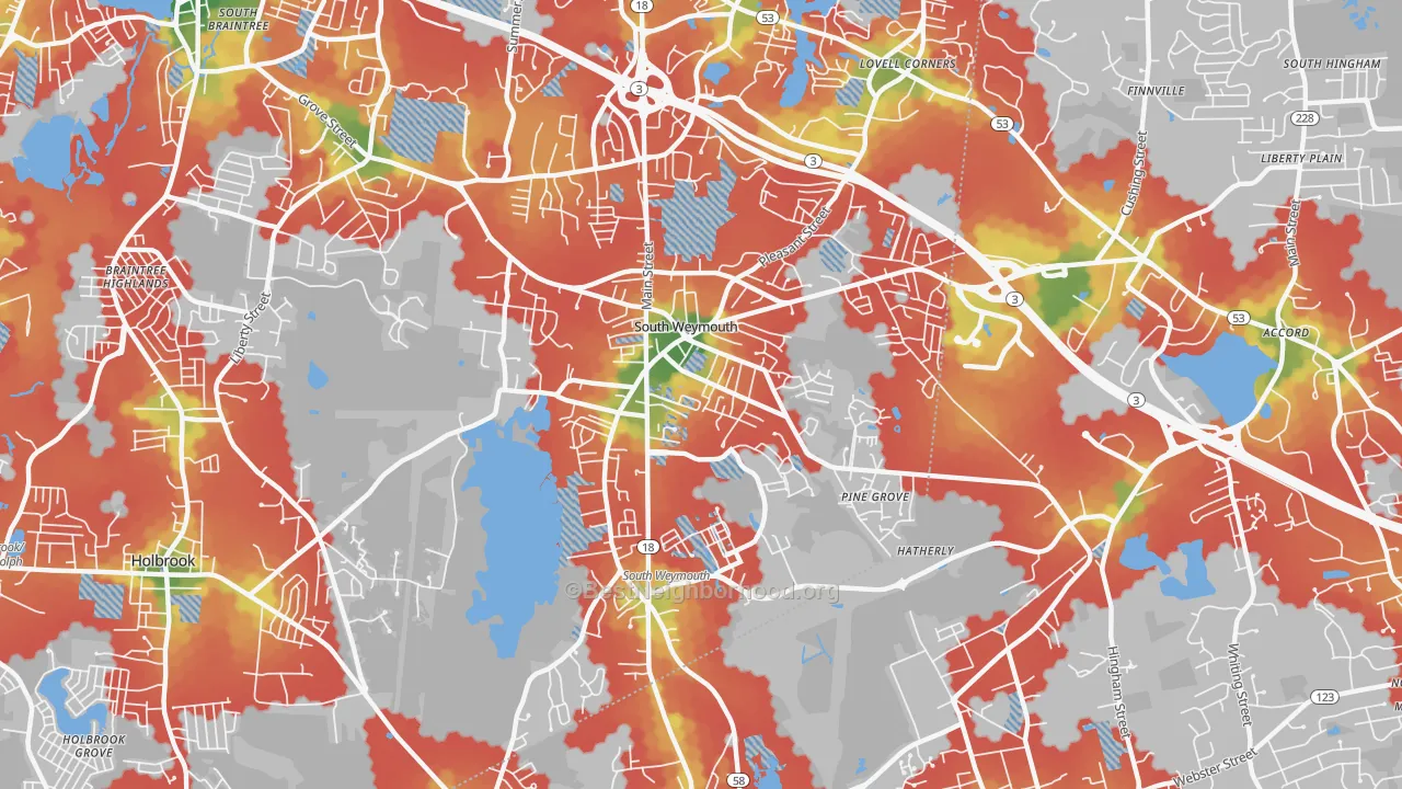 Walk Grade map of 02190, MA, walkable areas in green and car-dependent areas in red