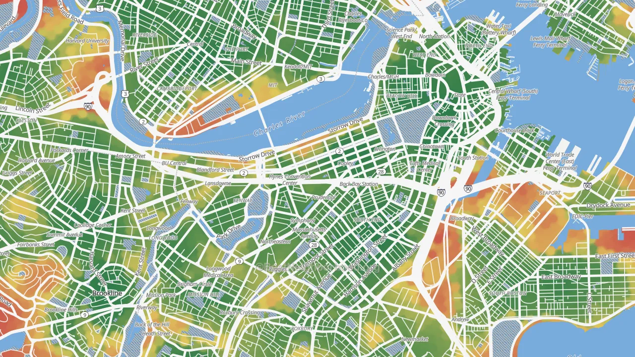 Walk Grade map of 02199, MA, walkable areas in green and car-dependent areas in red