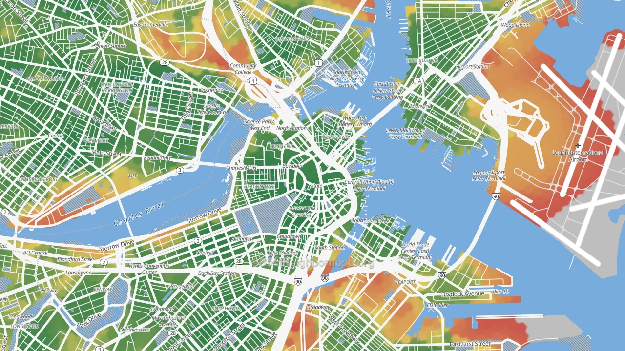 Walk Grade map of 02201, MA, walkable areas in green and car-dependent areas in red