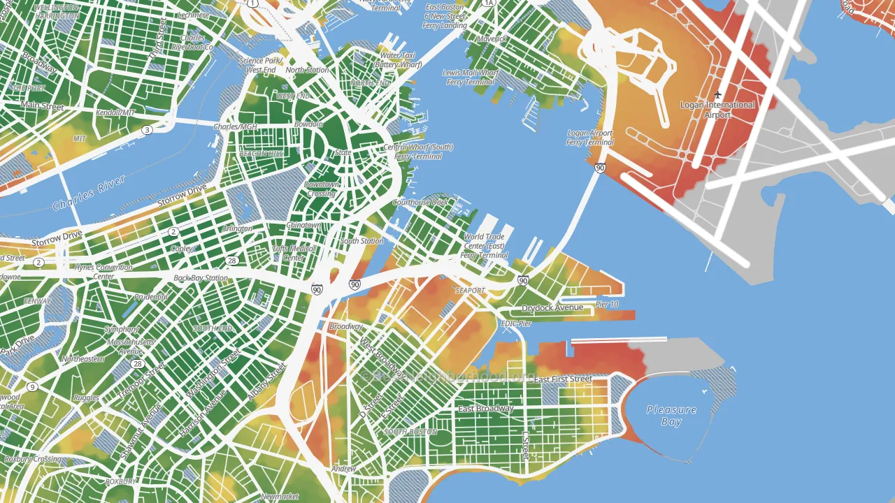 Walk Grade map of 02210, MA, walkable areas in green and car-dependent areas in red