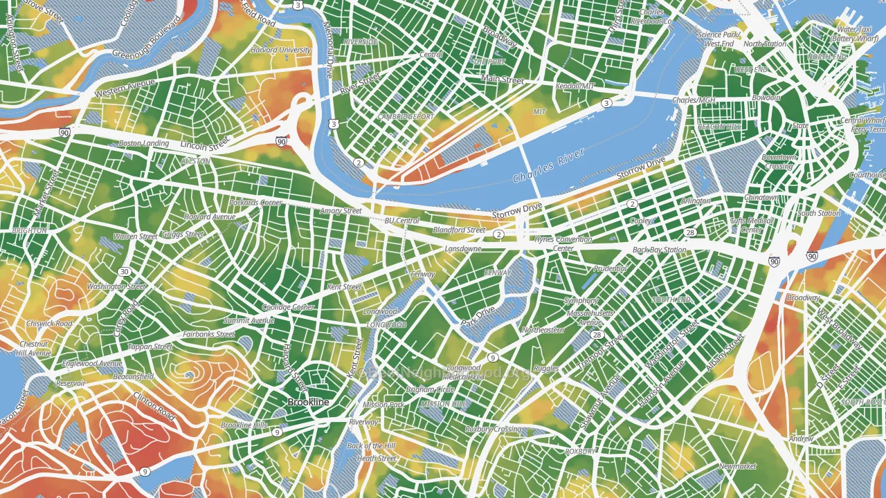 Walk Grade map of 02215, MA, walkable areas in green and car-dependent areas in red