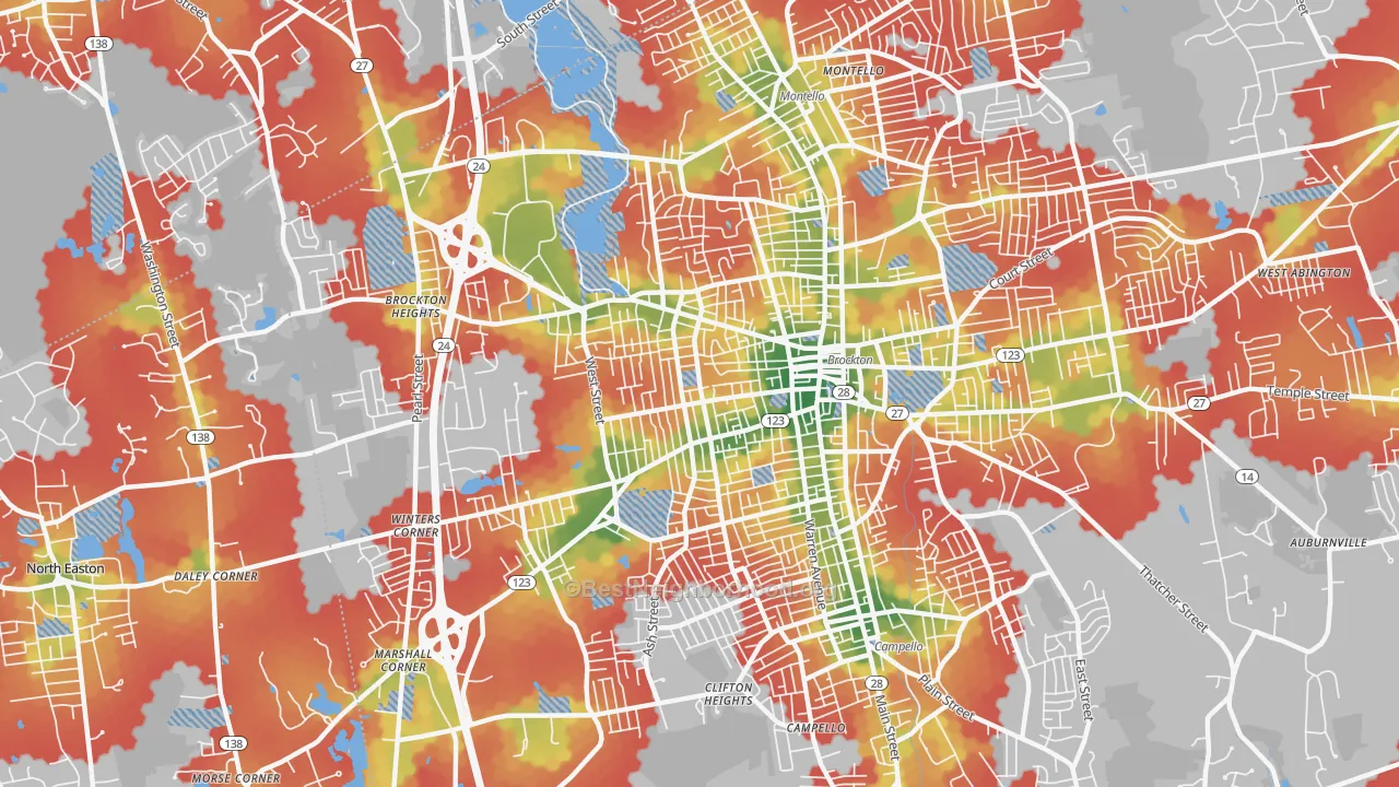 Walk Grade map of 02301, MA, walkable areas in green and car-dependent areas in red