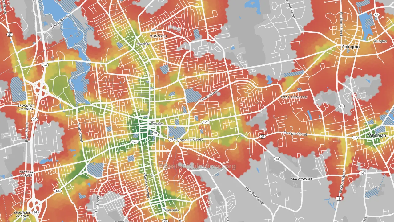 Walk Grade map of 02302, MA, walkable areas in green and car-dependent areas in red