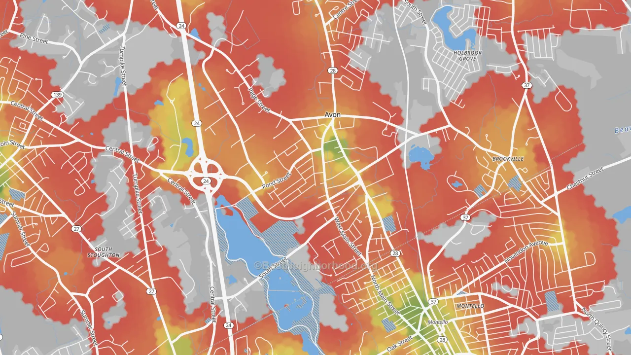 Walk Grade map of 02322, MA, walkable areas in green and car-dependent areas in red