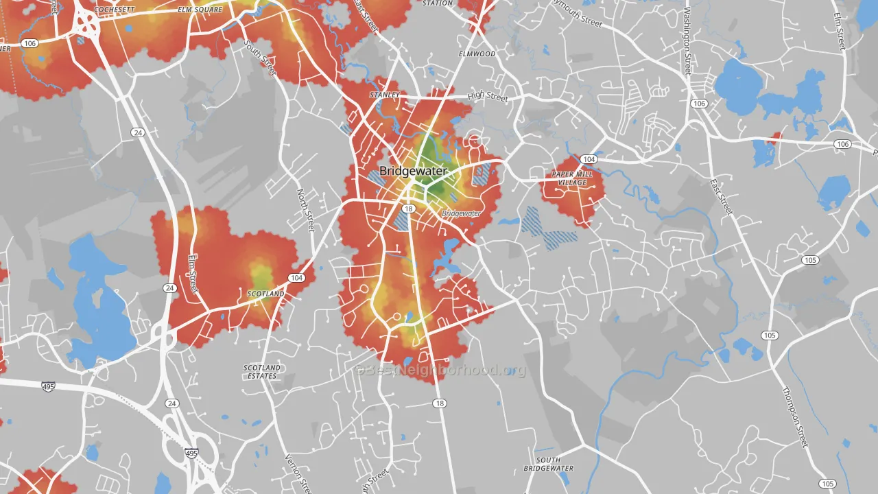 Walk Grade map of 02324, MA, walkable areas in green and car-dependent areas in red