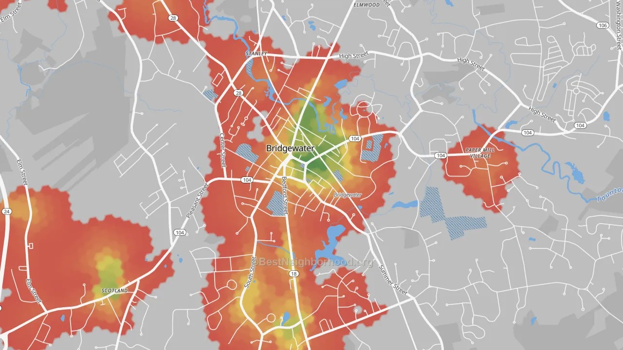 Walk Grade map of 02325, MA, walkable areas in green and car-dependent areas in red