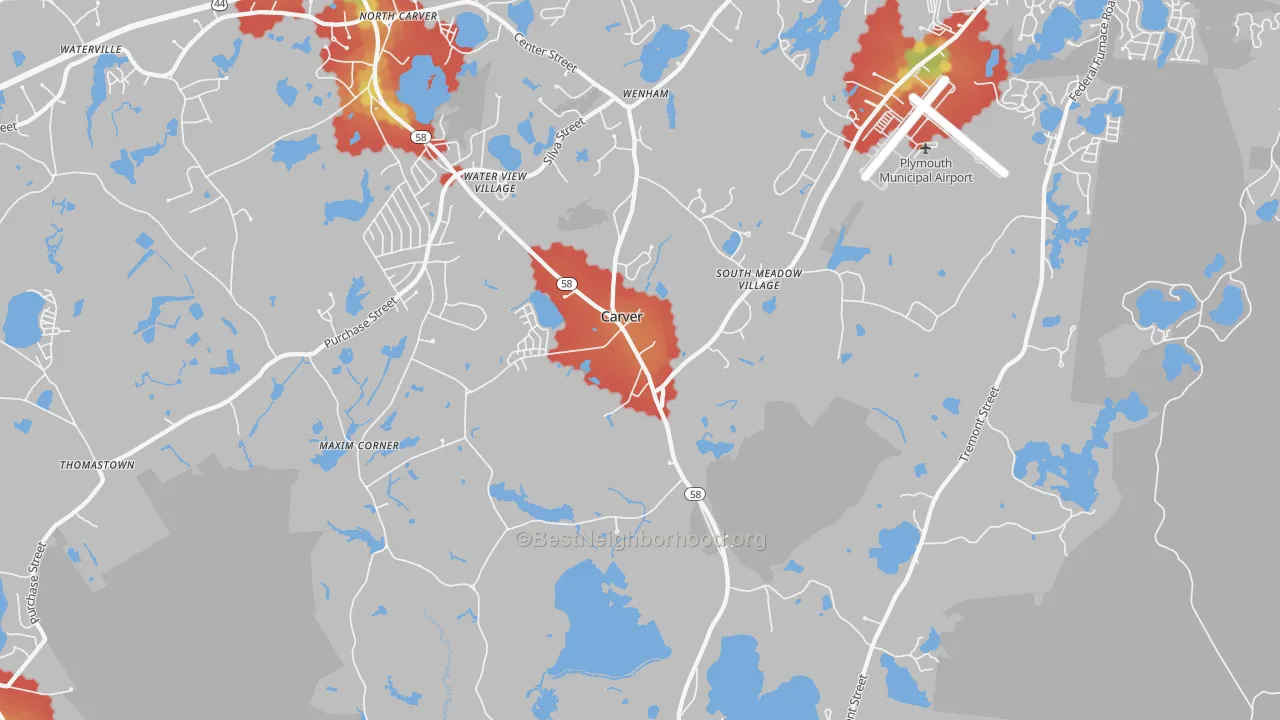 Walk Grade map of 02330, MA, walkable areas in green and car-dependent areas in red