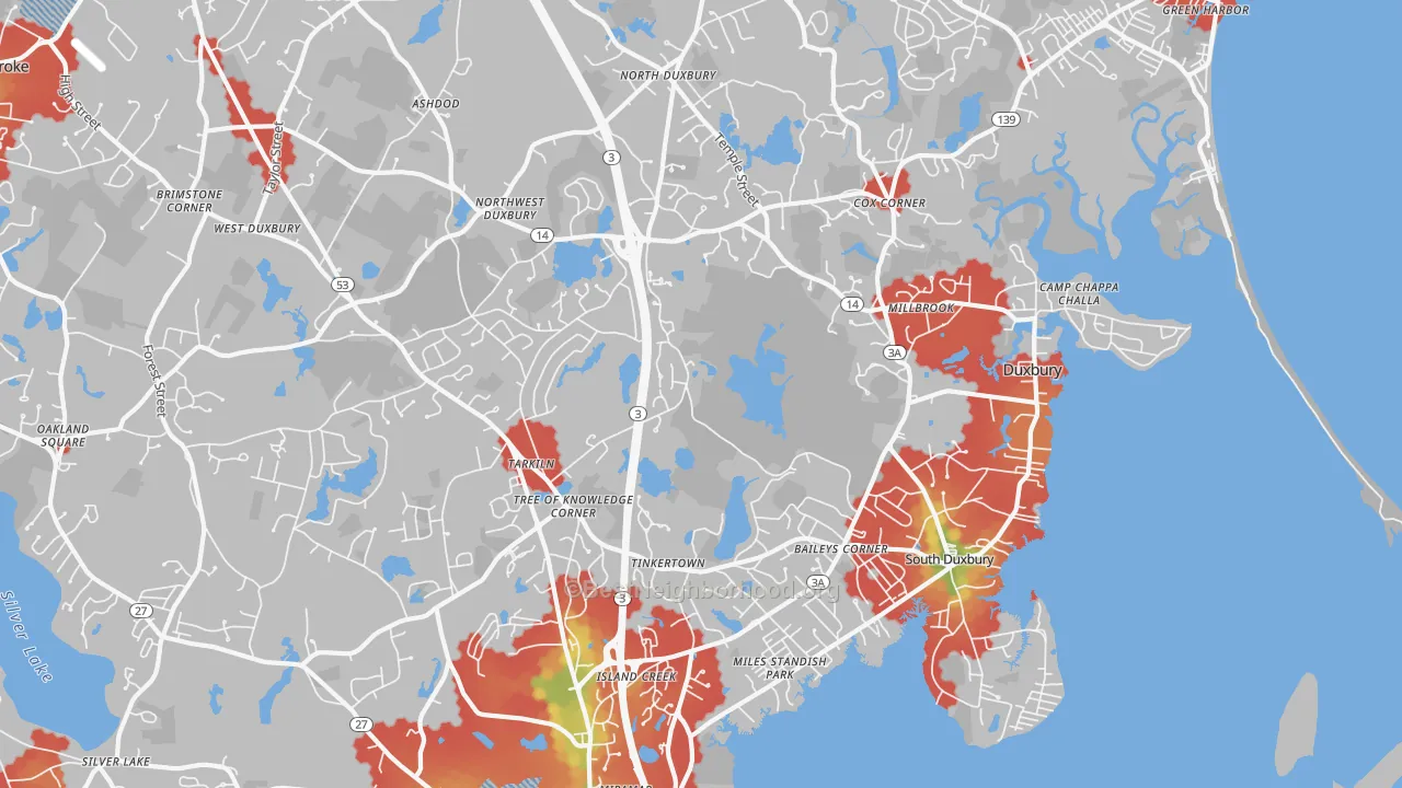 Walk Grade map of 02332, MA, walkable areas in green and car-dependent areas in red